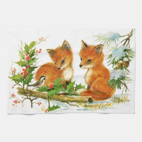Cute Vintage Christmas Foxes Towel