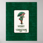 Cute Vintage Christmas Girl Holiday   Poster<br><div class="desc">Festive holiday poster print feature cutout from antique Christmas postcards of a cute little girl dressed in her holiday finest with matching umbrella. "Merry Christmas" ornate greeting text is customizable.  Dark green vintage harlequin patterned background</div>