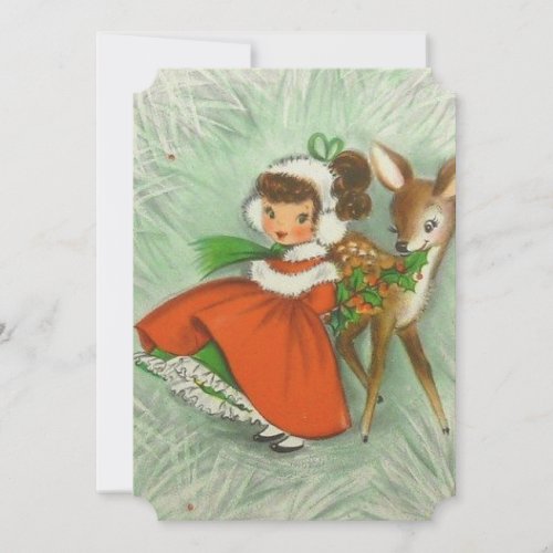 Cute Vintage Christmas Girl With Baby Deer Thank You Card