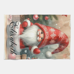Cute Vintage Christmas Gnomes Watercolor Art Kitchen Towel
