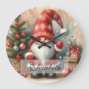 Cute Vintage Christmas Gnomes Watercolor Art Large Clock