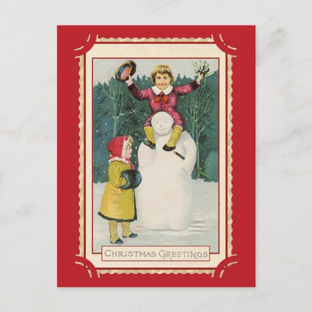 Cute Vintage Christmas Greetings Kids Snowman Postcard (Front)
