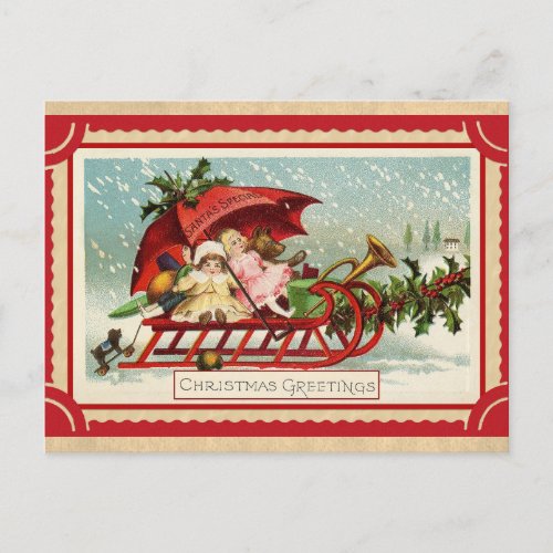 Cute Vintage Christmas Greetings Toys Sled Postcard