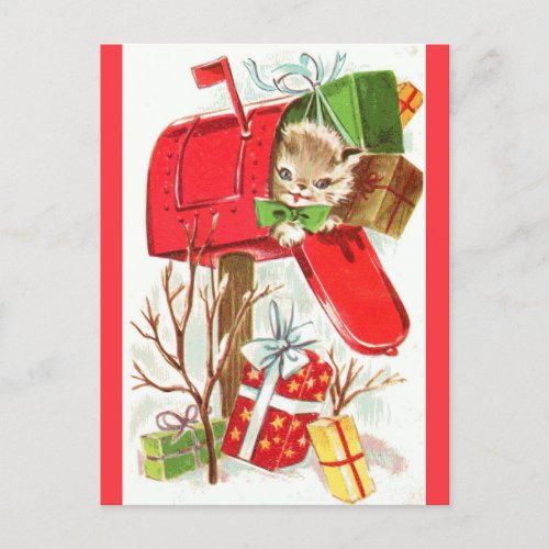 Cute Vintage Christmas Kitten Cat Gift Postcard