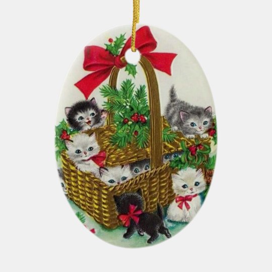 Cute Vintage Christmas Kittens In A Basket Ceramic Ornament Zazzle Com
