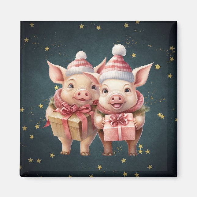 Cute vintage Christmas Pigs Magnet (Front)