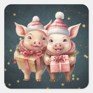 Cute vintage Christmas Pigs Square Sticker