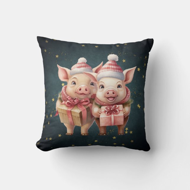 Cute vintage Christmas Pigs Throw Pillow (Front)