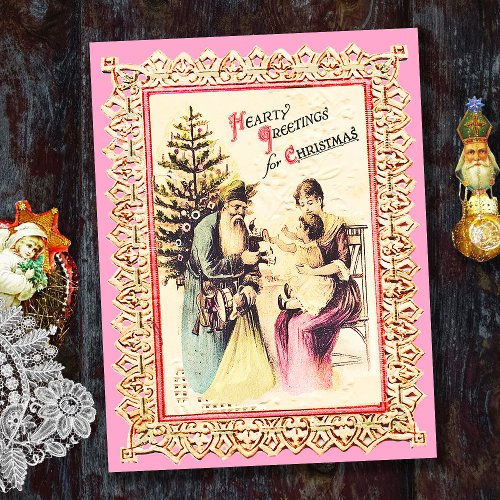 Cute Vintage Christmas Santa with Family Pink  Holiday Postcard