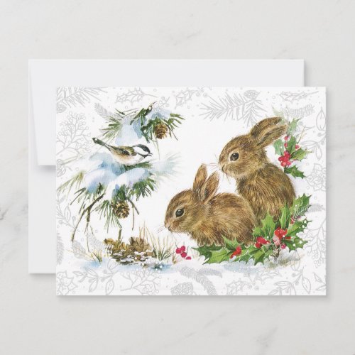 Cute Vintage Christmas Snow Bunny and Holly Holiday Card