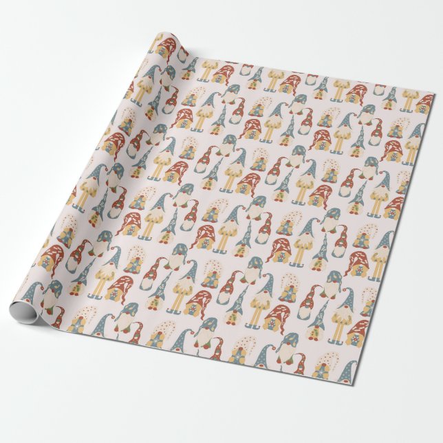 Cute Vintage Christmas Swedish Gnomes Pattern Wrapping Paper (Unrolled)