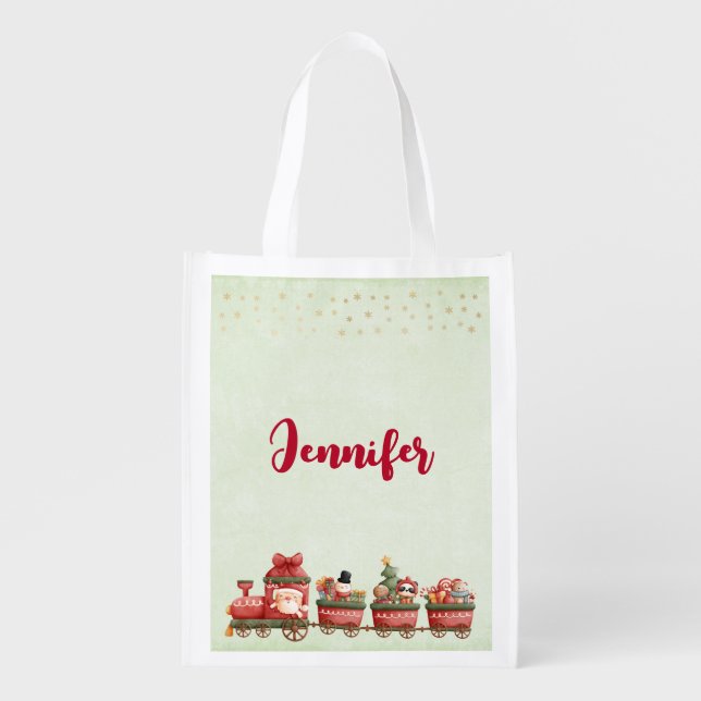Cute Vintage Christmas Train with Toys Grocery Bag (Front)
