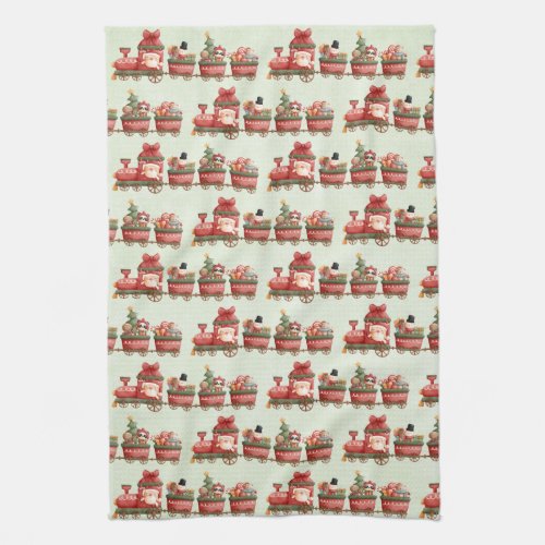 Cute Vintage Christmas Train with Toys Kitchen Towel