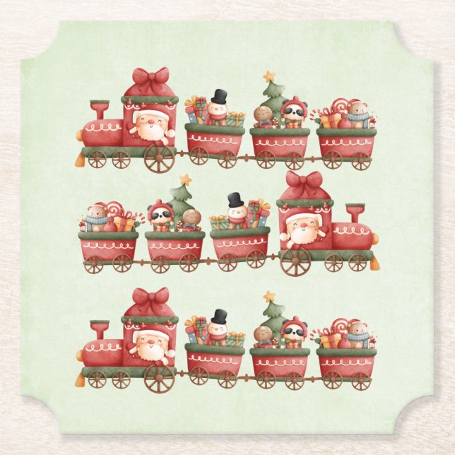 Cute Vintage Christmas Train with Toys Paper Coaster (Front)