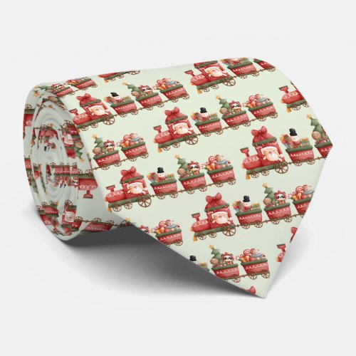 Cute Vintage Christmas Train with Toys Pattern Neck Tie