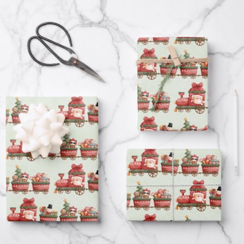 Cute Vintage Christmas Train with Toys Pattern Wrapping Paper Sheets