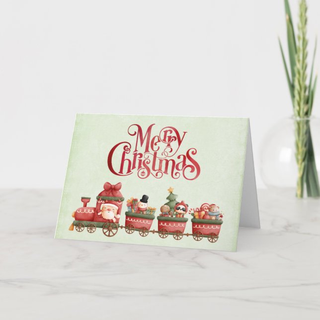 Cute Vintage Christmas Train with Toys Xmas Card (Front)