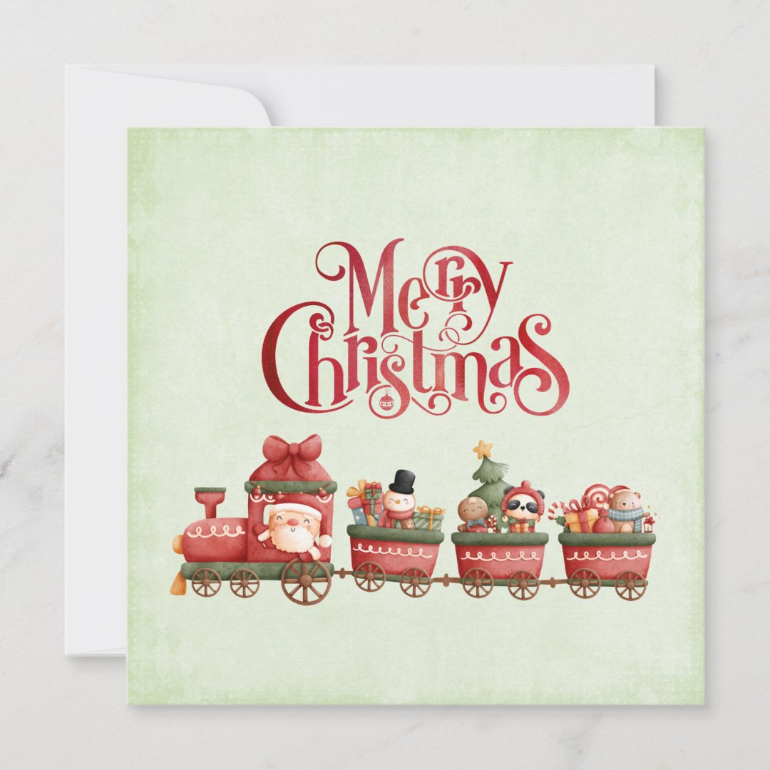 Cute Vintage Christmas Train with Toys Xmas Card Zazzle