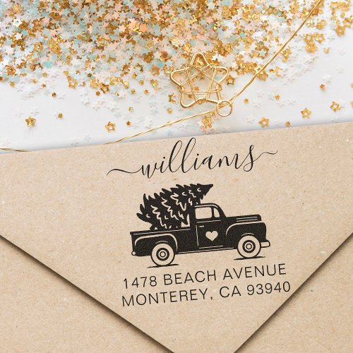 Cute Vintage Christmas Truck Return Address Self_inking Stamp