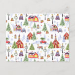 Cute Vintage Christmas Village with Christmas Tree Holiday Postcard