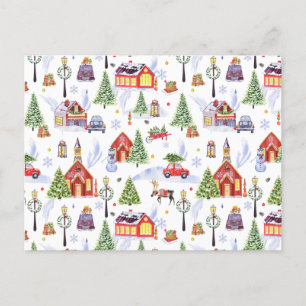 Cute Vintage Christmas Village with Christmas Tree Holiday Postcard