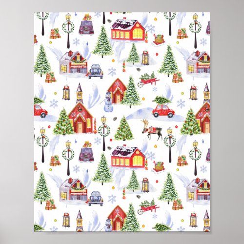 Cute Vintage Christmas Village with Christmas Tree Poster