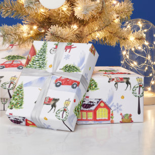 Cute Vintage Christmas Village with Christmas Tree Wrapping Paper