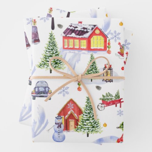 Cute Vintage Christmas Village with Christmas Tree Wrapping Paper Sheets