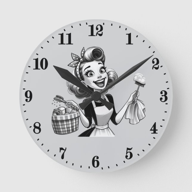 Cute vintage cleaning lady round clock (Front)