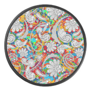 Cute vintage colorful white paisley patterns jigsa hockey puck