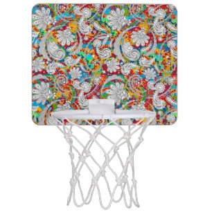 Cute vintage colorful white paisley patterns round mini basketball hoop
