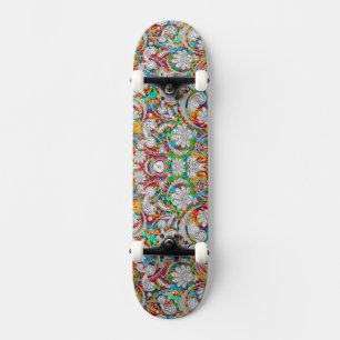 Cute vintage colorful white paisley patterns round skateboard
