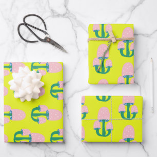 Cute Vintage Cottagecore Mushroom Yellow and Pink Wrapping Paper Sheets
