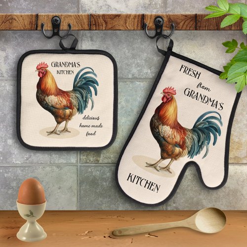 Cute Vintage Country Rooster Grandma Oven Mitt  Pot Holder Set