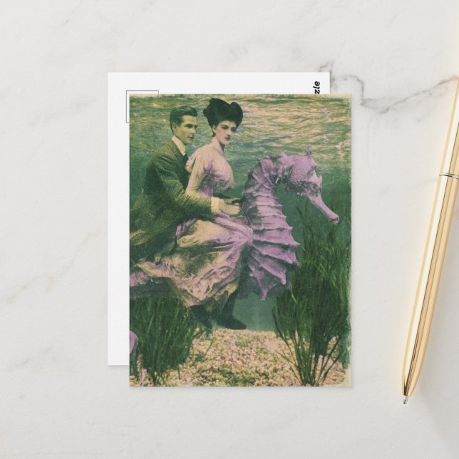 Cute Vintage Couple on their purple seahorse Postcard (Front/Back In Situ)