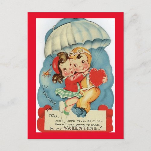 Cute Vintage Couple Parachuting 1950s Valentine Postcard