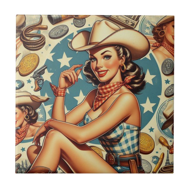 Cute Vintage Cowgirl Ceramic Tile (Front)
