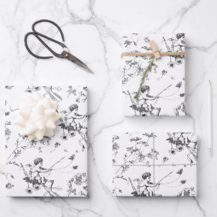 Cute Vintage Cupid Angel Black White Floral Toile Wrapping Paper Sheets
