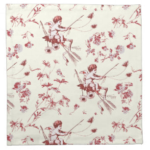 Cute Vintage Cupid Angel Ivory Red Floral Toile Cloth Napkin
