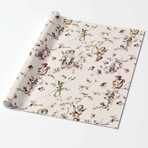 Cute Vintage Cupid Angels Floral Toile Beige Wrapping Paper