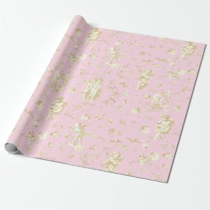 Cute Vintage Cupid Angels Pink Beige Floral Toile Wrapping Paper