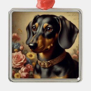 Cute Vintage Dachshund Painting Metal Ornament