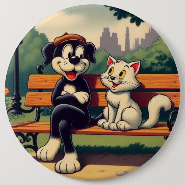 Cute, vintage dog/cat cartoon button (Front)
