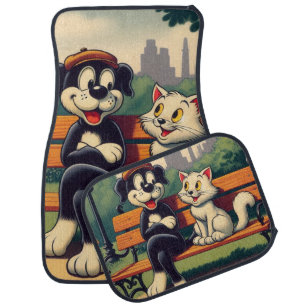 Cute, vintage dog/cat cartoon car floor mat