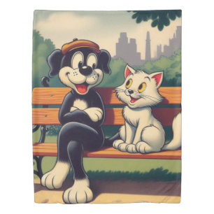 Cute, vintage dog/cat cartoon duvet cover