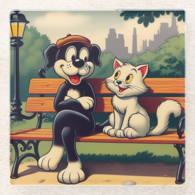 Cute, vintage dog/cat cartoon glass coaster (Front)