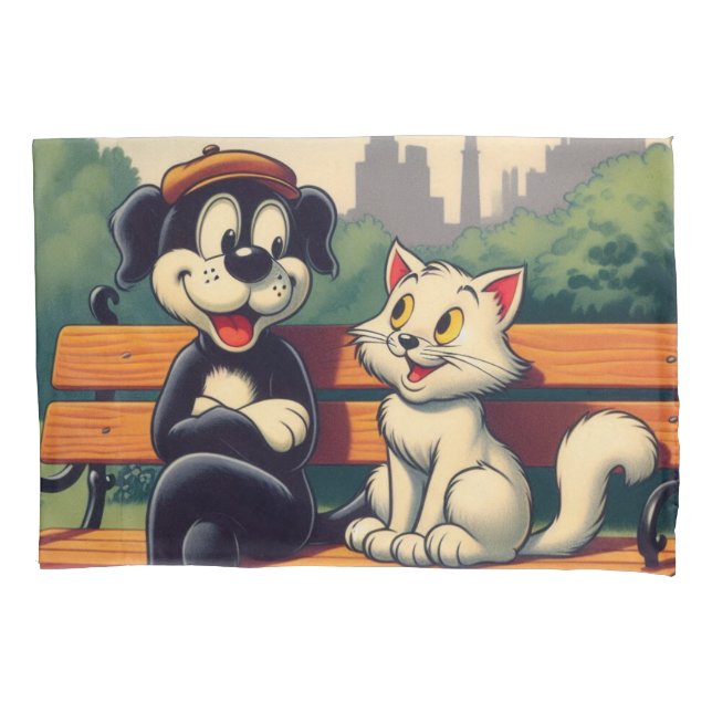 Cute, vintage dog/cat cartoon pillow case (Front)