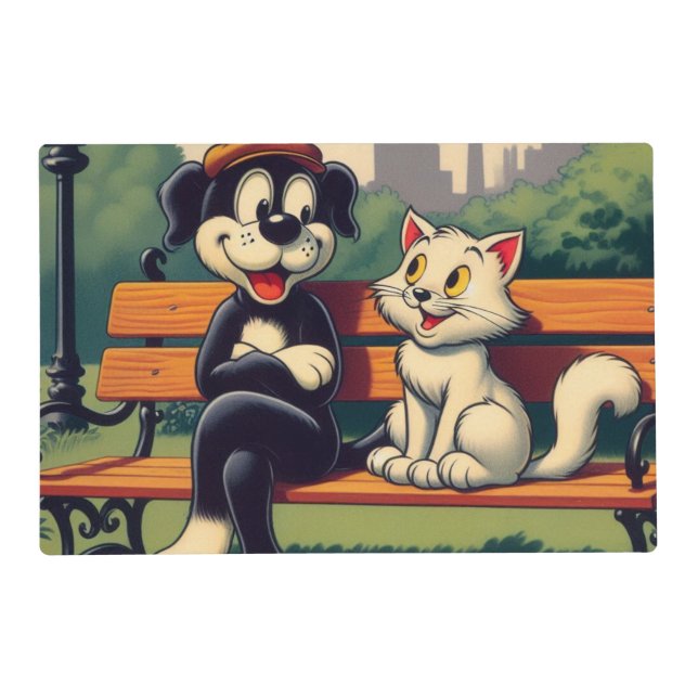 Cute, vintage dog/cat cartoon placemat (Front)