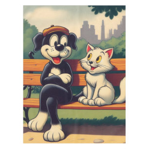 Cute, vintage dog/cat cartoon tablecloth