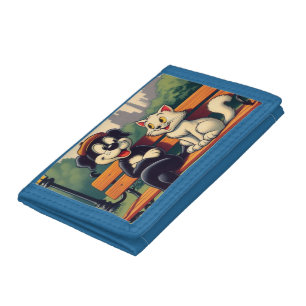 Cute, vintage dog/cat cartoon tri-fold wallet